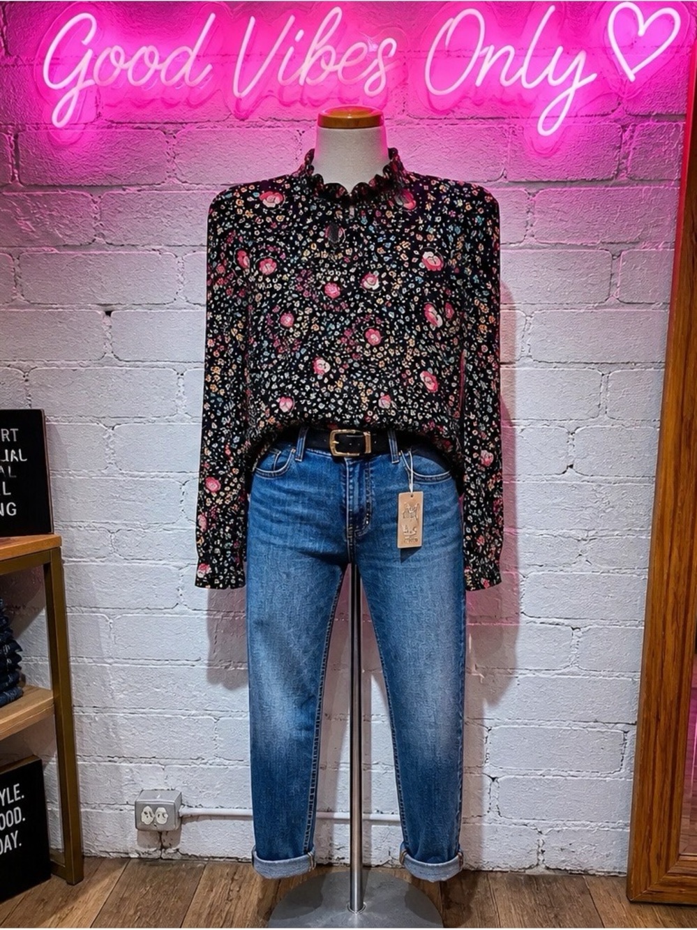 Topshop Black Multi Color Packed Feminine Floral Print Small Ruffle Edge Neck